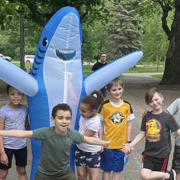 Students with school mascot