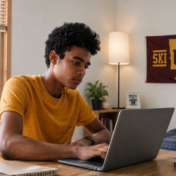 Male high school student working in bedroom on laptop