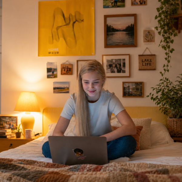 Middle school female student studying on a laptop in warmly lit bedroom