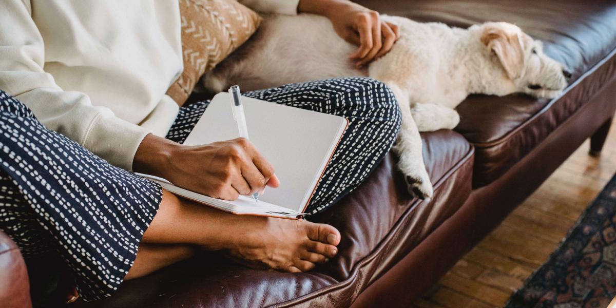 View of a person's arms and legs next to a dog. The person is sitting cross-legged.