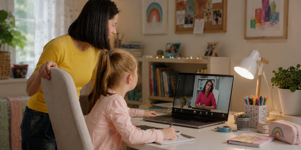 Parent and student at home talking to online teacher